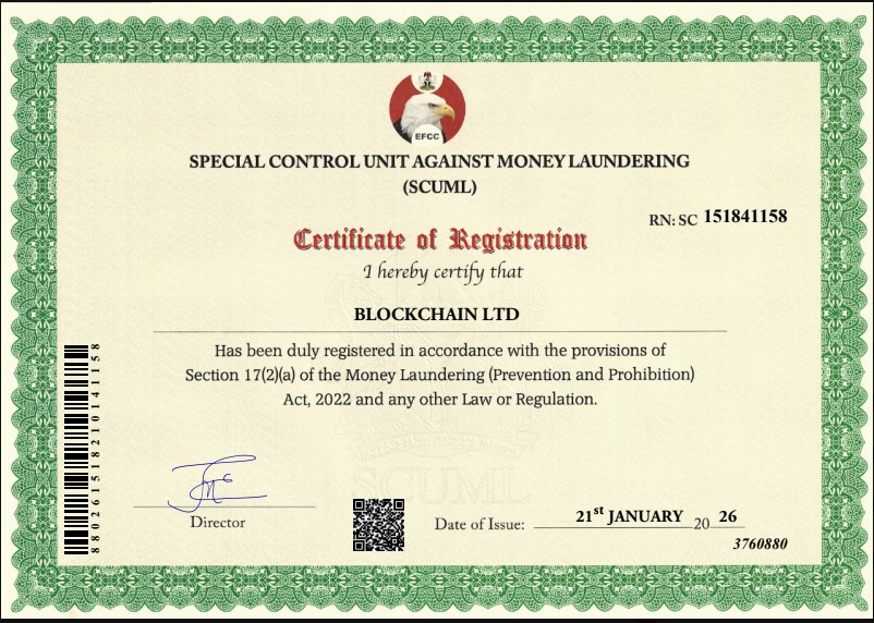 SCUML Certificate of Registration